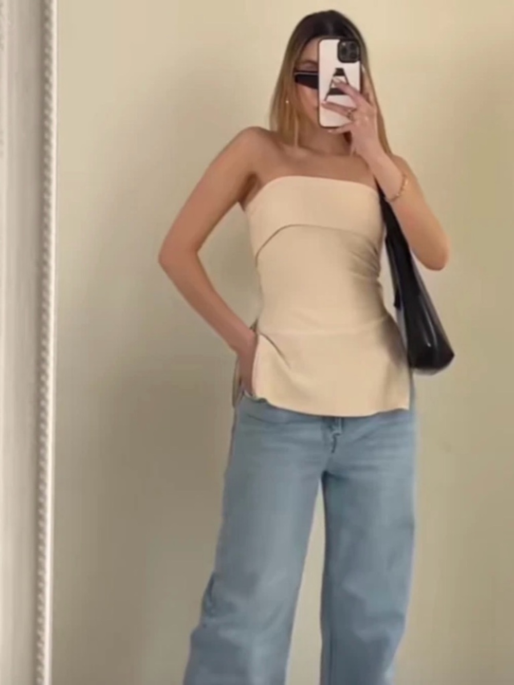Cream Strapless Tube Shirt with Side Zip on both sides - Picture 2 of 9